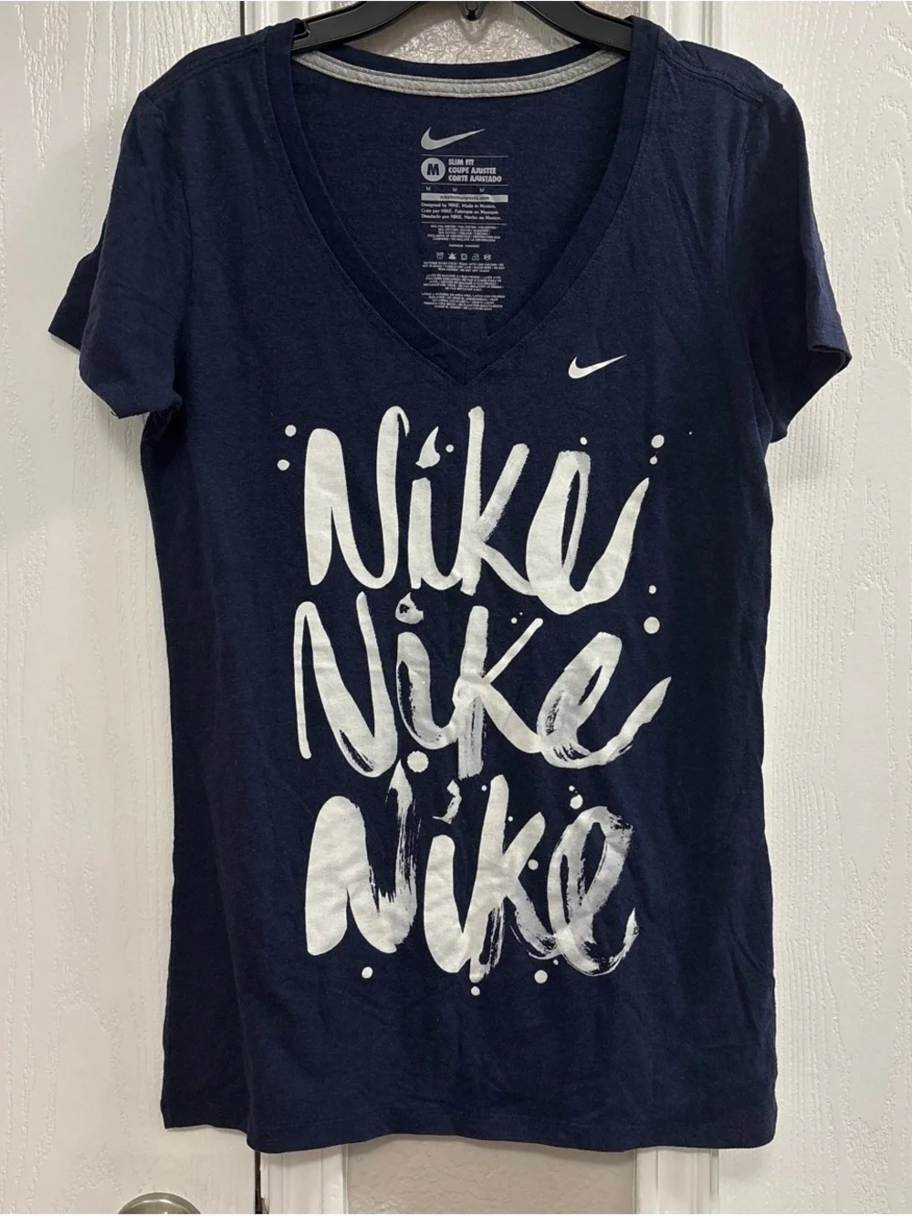 Nike Navy V-Neck Short Sleeve Tee with White Graphic Script